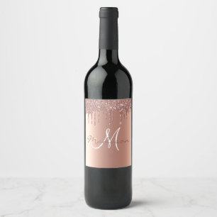 Monogram Roze Goud Glitter Drips Naam Maatwerk Wijn Etiket