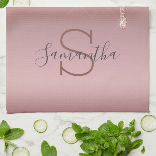 Monogram Roze Goud Glitter Druppel Blush Roze Tren Theedoek (Gevouwen)