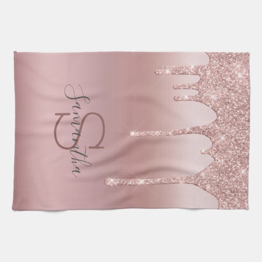 Monogram Roze Goud Glitter Druppel Blush Roze Tren Theedoek (Horizontaal)