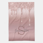 Monogram Roze Goud Glitter Druppel Blush Roze Tren Theedoek (Verticaal)