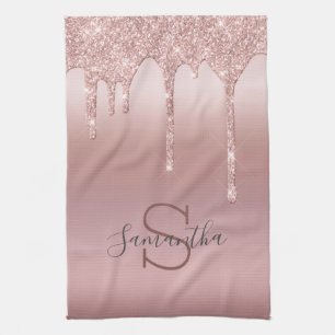 Monogram Roze Goud Glitter Druppel Blush Roze Tren Theedoek