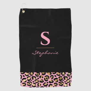 Monogram Roze & Goud Luipaardprint Kleurblok Golfhanddoek
