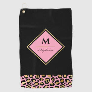 Monogram Roze & Goud Luipaardprint Kleurblok Golfhanddoek