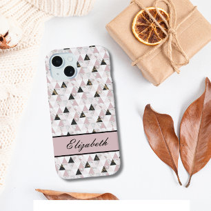 Monogram Roze Goud Zwart Wit Marmer Geometrisch iPhone 15 Hoesje