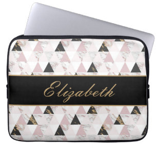 Monogram Roze Goud Zwart Witte Marmer Geometrisch  Laptop Sleeve