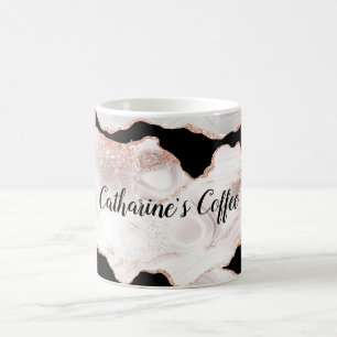 Monogram Roze Gouden Glitter Agate Zwart Wit Draai Koffiemok