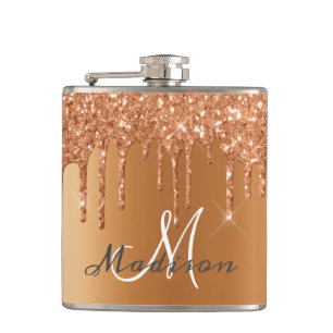 Monogram Roze Gouden Glitter Drips Meisjesachtige  Heupfles