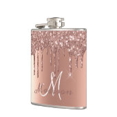 Monogram Roze Gouden Glitter Druppels Meisjesachti Heupfles (Links)