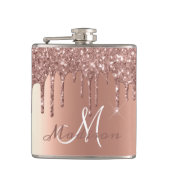 Monogram Roze Gouden Glitter Druppels Meisjesachti Heupfles (Voorkant)