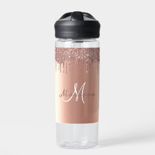 Monogram Roze Gouden Glitter Druppels Meisjesachti Waterfles