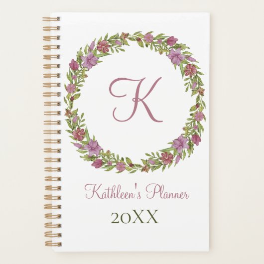 Monogram roze groene Floral elk jaar Planner (Voorkant)