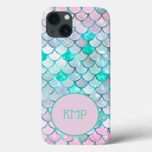Monogram Roze Groene Glitter Mermaid Scales iPhone 13 Hoesje