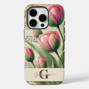 Monogram Roze & Groene  Tulpen Bladmuziek iPhone 16 Pro Hoesje