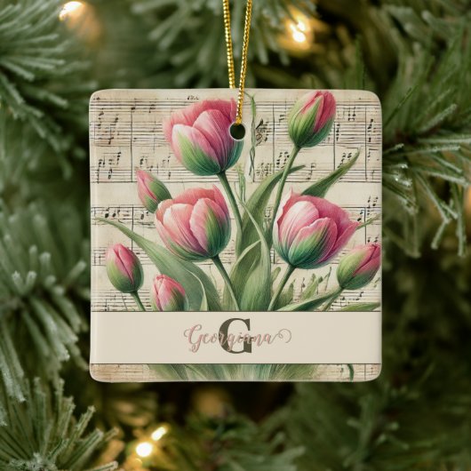 Monogram Roze & Groene Tulpen Bladmuziek Keramisch Ornament (Boom)