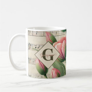 Monogram Roze & Groene Tulpen Bladmuziek Koffiemok