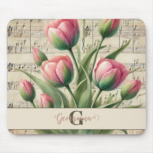 Monogram Roze & Groene Tulpen Bladmuziek Muismat (Voorkant)