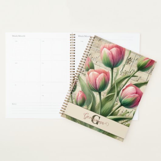 Monogram Roze & Groene  Tulpen Bladmuziek Planner (Display)