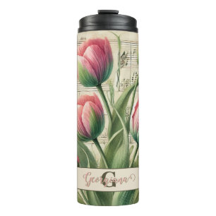Monogram Roze & Groene Tulpen Bladmuziek Thermosbeker
