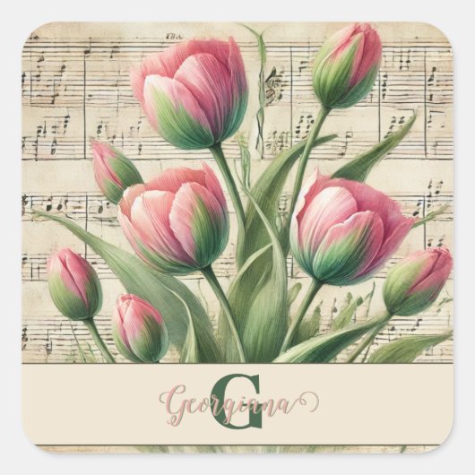 Monogram Roze & Groene Tulpen Bladmuziek Vierkante Sticker (Voorkant)