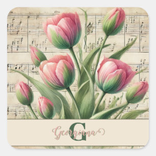 Monogram Roze & Groene Tulpen Bladmuziek Vierkante Sticker