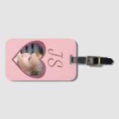 Monogram Roze Harten Aangepaste Kinder Foto Bagagelabel (Voorkant (horizontaal))