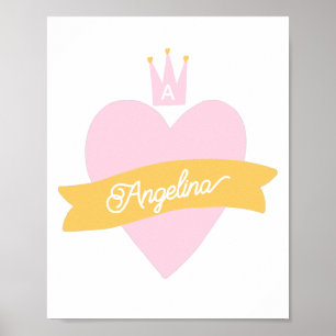 Monogram roze Heart Crown Name Girly Princess Poster