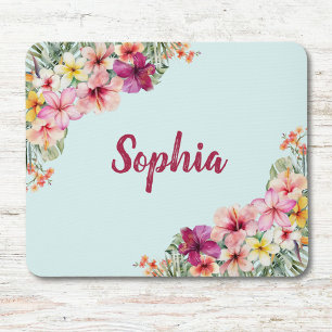 Monogram Roze Hibiscus Bloemen Tropisch Bloemmotie Muismat