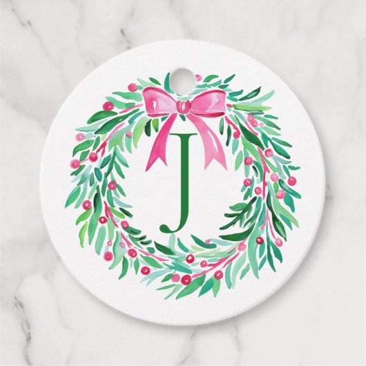 Monogram Roze Kerstkrans Gift Label (Voorkant)