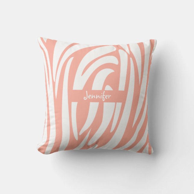 Monogram roze koraal gestreept Zebra Pattern Trend Kussen (Voorkant)
