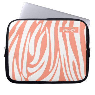 Monogram roze koraal gestreept Zebra Pattern Trend Laptop Sleeve