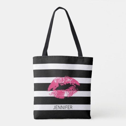 Monogram roze lippen en zwarte witte strepen draagtas (Achterkant)
