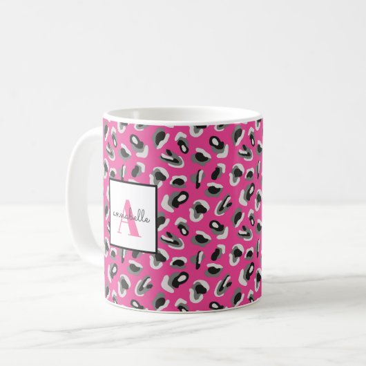 Monogram roze luipaard printpatroon op maat koffiemok (Voorkant links)