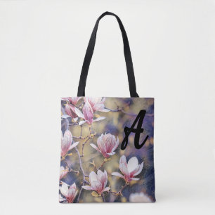 Monogram Roze magnolia filiaal waterverf paars Draagtas