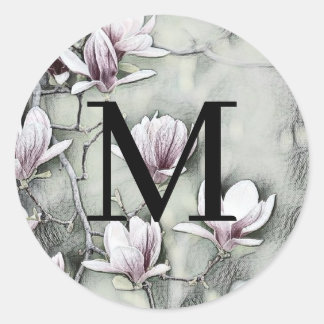 Monogram roze magnoliatak tekening grijs zwart ronde sticker