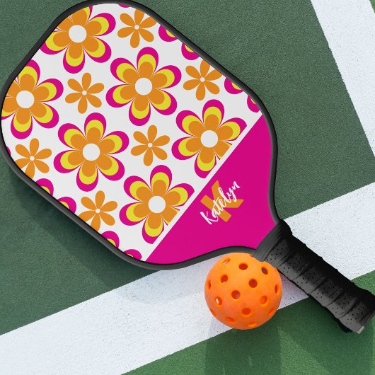 Monogram Roze Oranje Groovy Flowers Pickleball Paddle