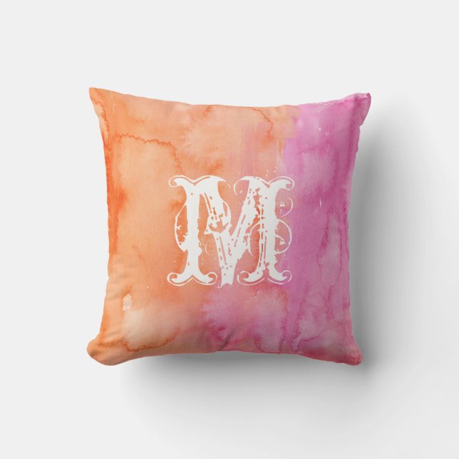 Monogram Roze Oranje Initiaal Waterverf Pillow Kussen (Voorkant)
