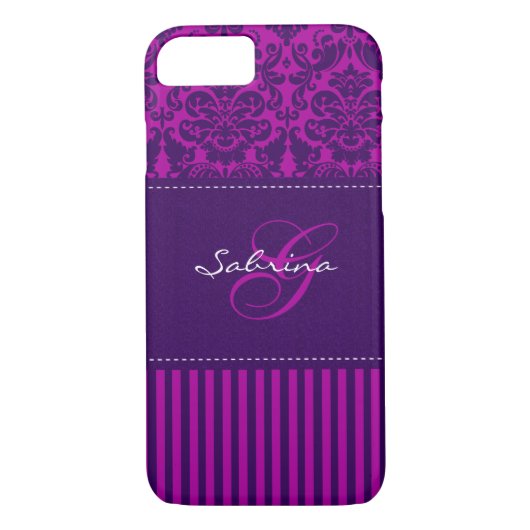 Monogram roze, Paarse Damask Stripe iPhone 7 Hoesj Case-Mate iPhone Case (Achterkant)