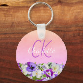 Monogram roze paarse florale paniekjes naam script sleutelhanger (Voorkant)