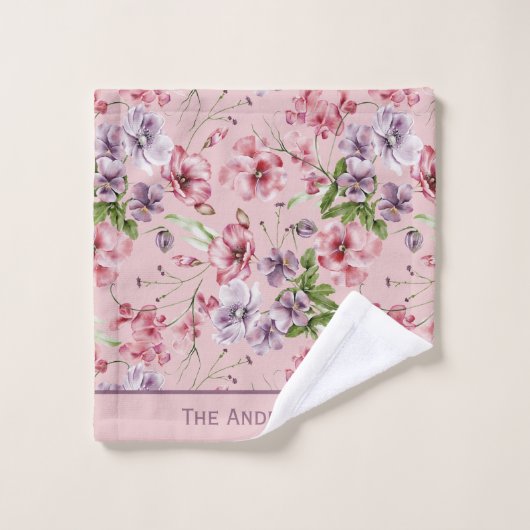 Monogram Roze Paarse Roos Groene Bloem Groene Blad Bad Handdoek (Wasdoekje)