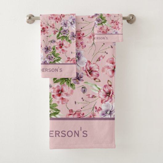Monogram Roze Paarse Roos Groene Bloem Groenery  Bad Handdoek (Insitu)