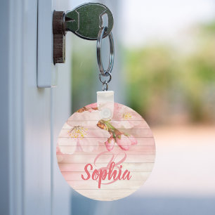 Monogram roze pastel kersenbloemen sleutelhanger