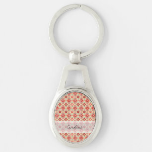 Monogram roze rood geo tribaal diamantpatroon sleutelhanger