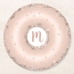 Monogram roze rosé goud glitter donut script ronde kartonnen onderzetter