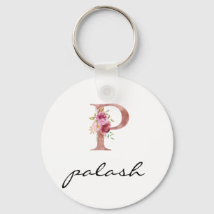 Monogram Roze Roze Bloem Letter P Sleutelhanger