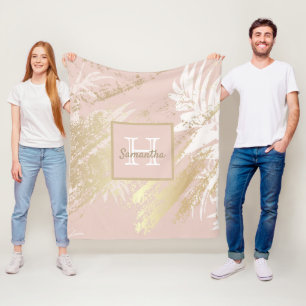 Monogram roze roze roze goudblaasbladeren fleece deken