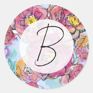 Monogram Roze Rozen Brief Schrijven Ronde Sticker