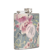 Monogram  roze rozen en parelharten heupfles (Rechts)