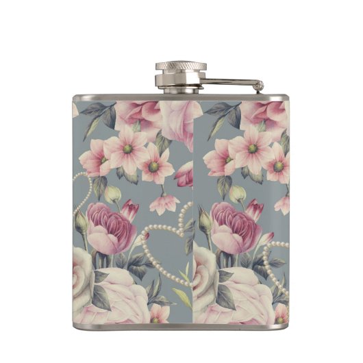 Monogram  roze rozen en parelharten heupfles (Achterkant)