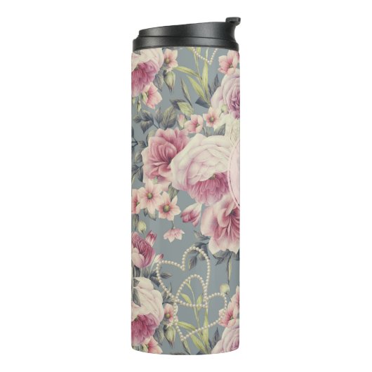 Monogram  roze rozen en parelharten thermosbeker (Gedraaid links)