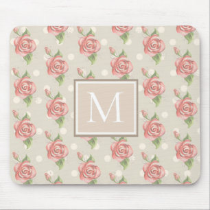 Monogram roze rozen en Stippen Muismat